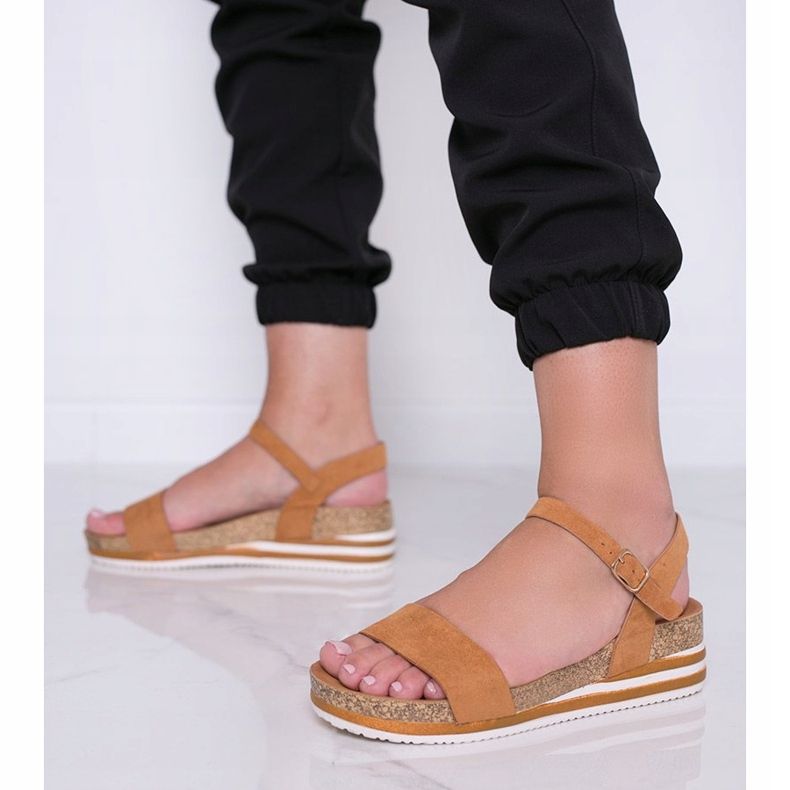 Camel sandals on a low wedge Leah brown 1