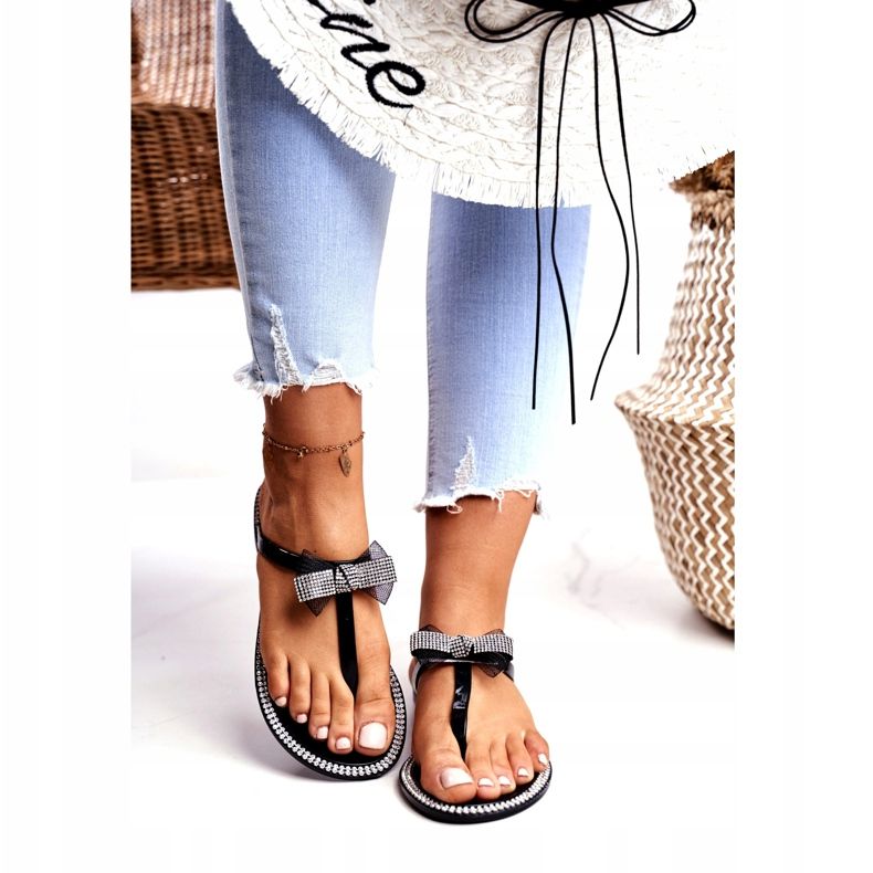 LU BOO Women's Rubber Slippers Black Flip-Flops Rhinestones Lou 2