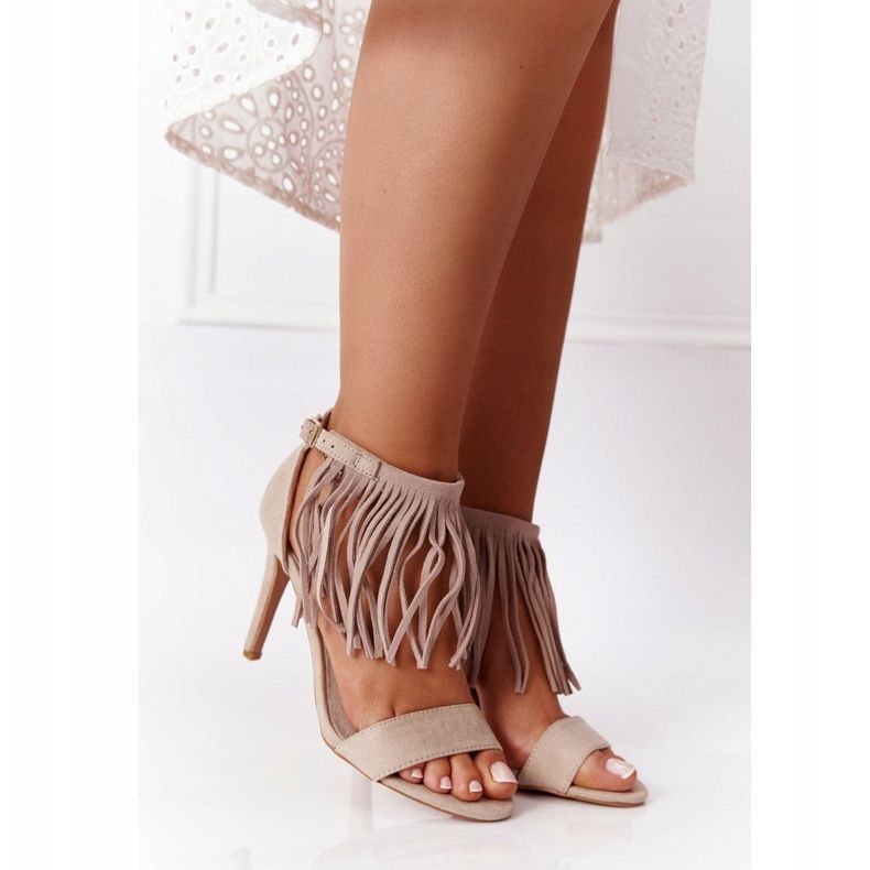 S.Barski Suede Sandals On A High Heel With Fringes Beige Boho Swing 1