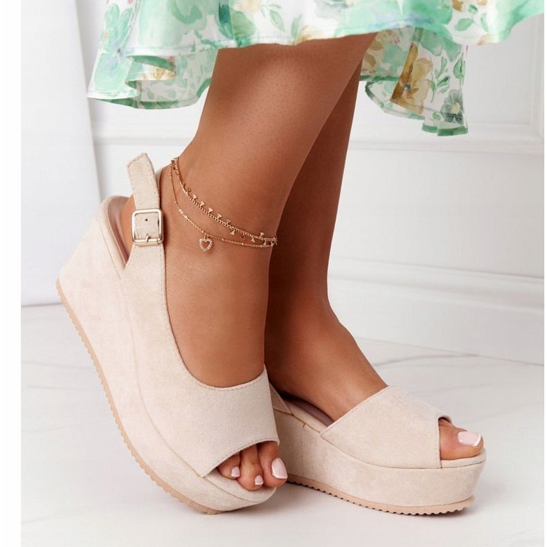 Suede Wedge Sandals Beige Party Time 1