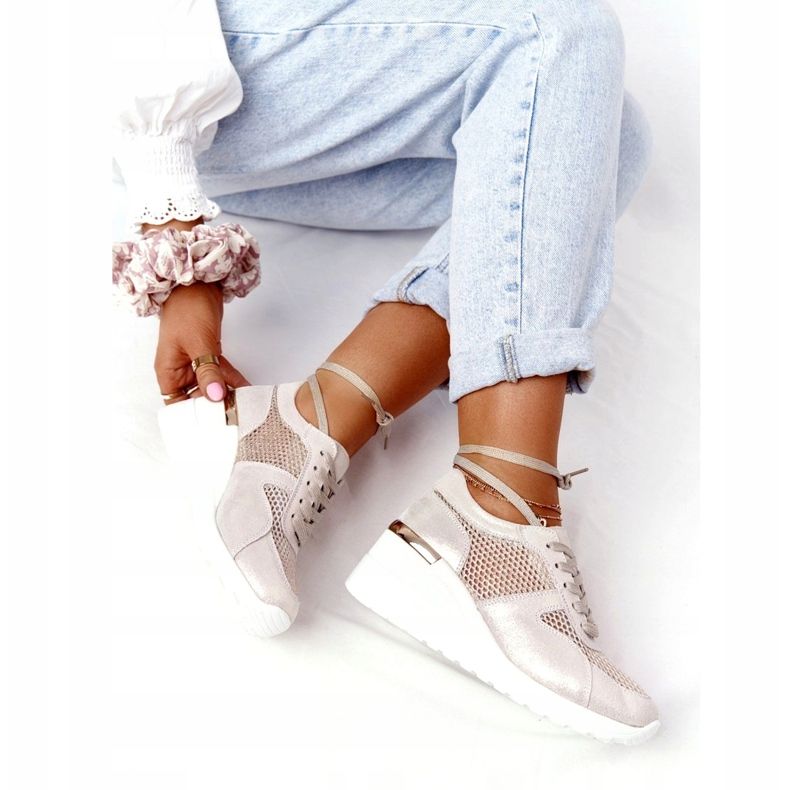 Leather Wedge Sneakers With Mesh S.Barski Golden beige 5