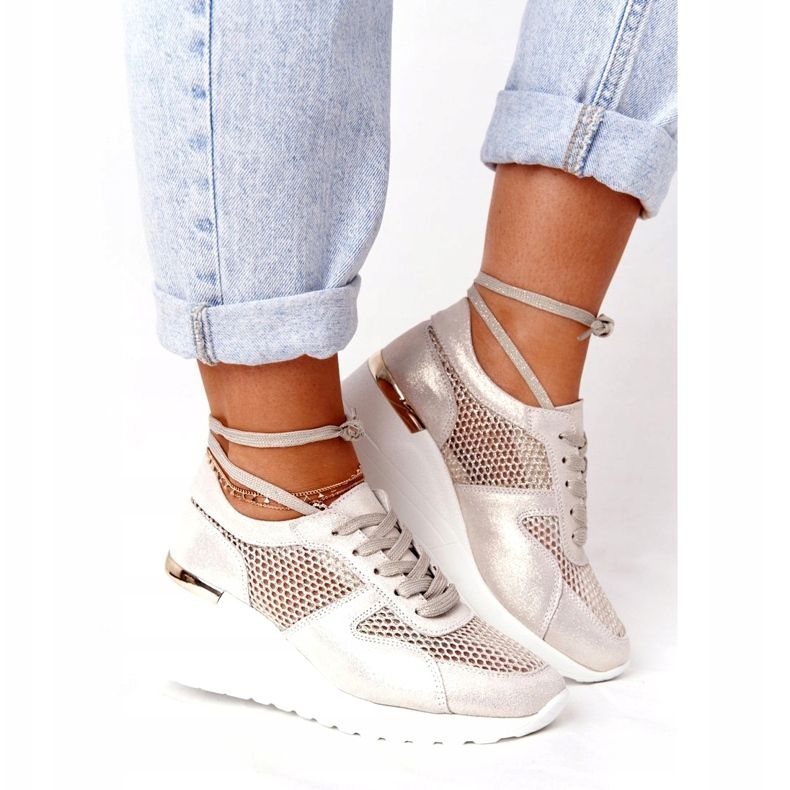 Leather Wedge Sneakers With Mesh S.Barski Golden beige 4