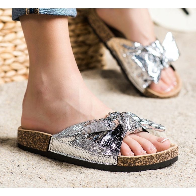 SHELOVET Shiny slippers with a bow silver 1