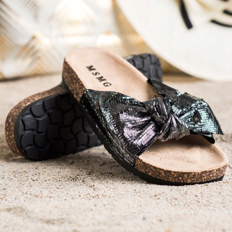 SHELOVET Shiny slippers with a bow black 1