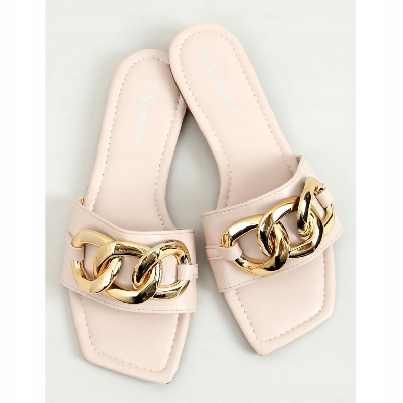 Square beige slippers with a chain CK206P Beige 1