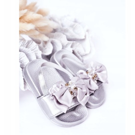 FRROCK Children's Girl's Slides Bow Pearl Silver Senari grey 1