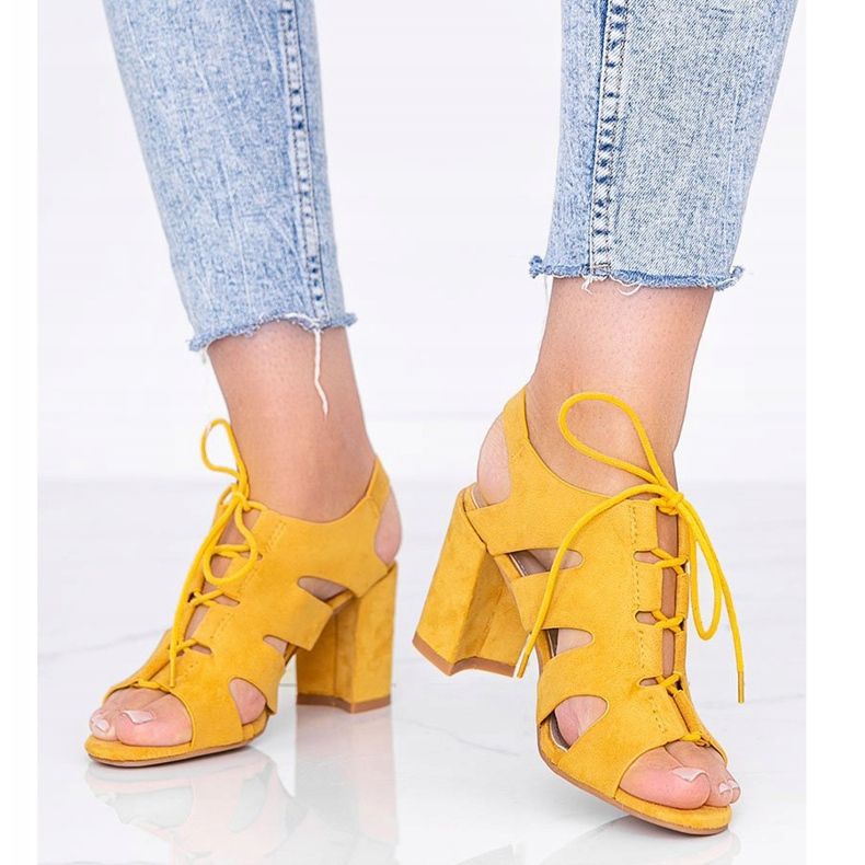 Mustard tied sandals on the Isabella post yellow 1