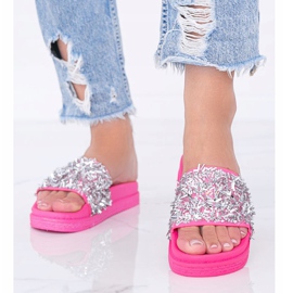 Pink neon slippers with cubic zirconia Love Bling 1