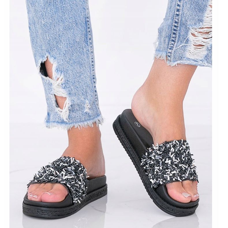 Black slippers with cubic zirconia Love Bling 1