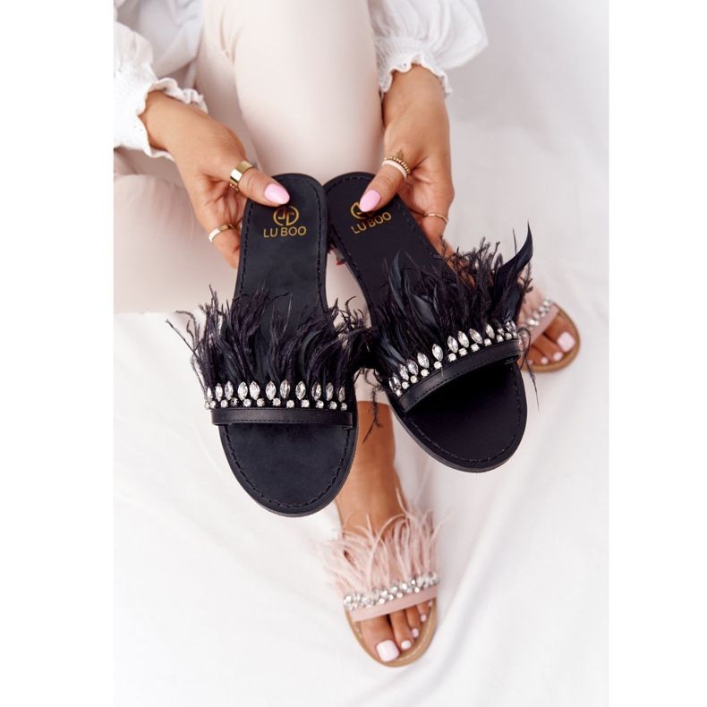 Black Lu Boo Slippers With Feathers 2