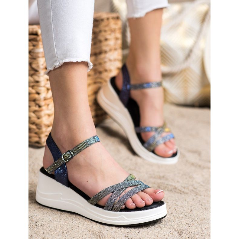 Small Swan Glitter Sandals On Wedge navy blue grey 2