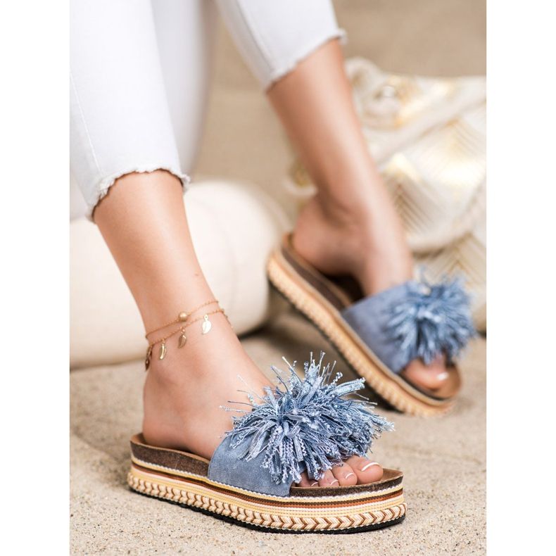 SHELOVET Fashionable Slippers With Fringes blue 1