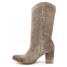 Exousite Women's openwork leather boots high heels 1224 gray grey 1