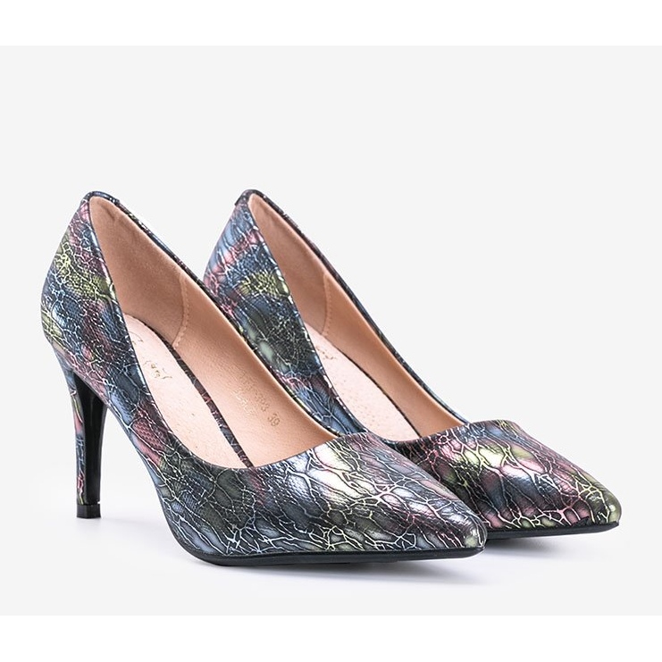 Black pumps on a stiletto heel with a holographic Lines pattern 1