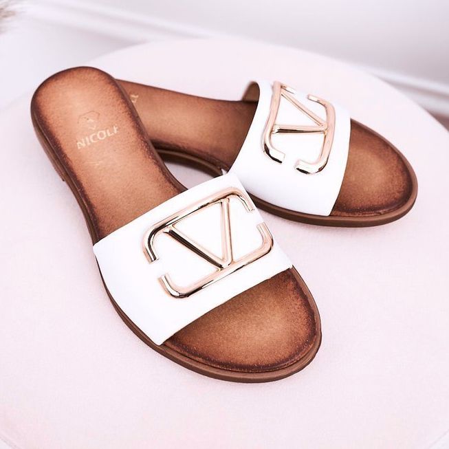 Nicole Women's Classic Leather Slippers White Evie golden 2