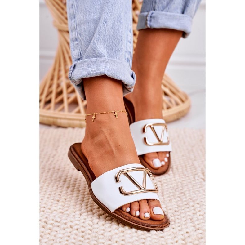 Nicole Women's Classic Leather Slippers White Evie golden 3