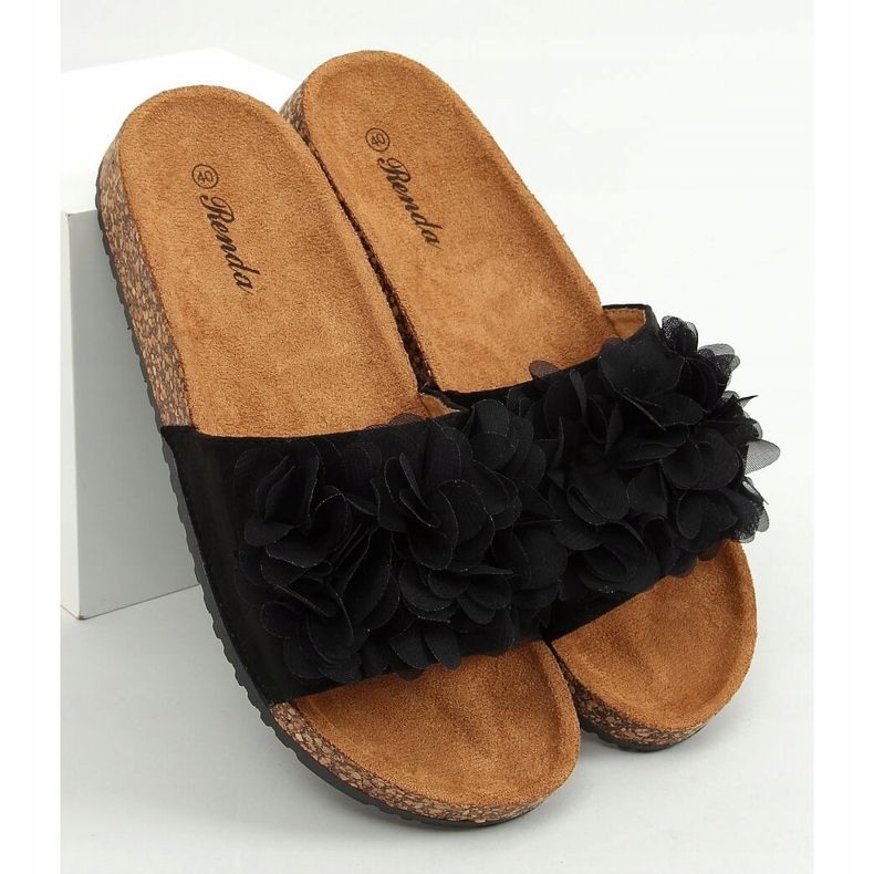 Black cork slippers with flowers 620-73 Black 1