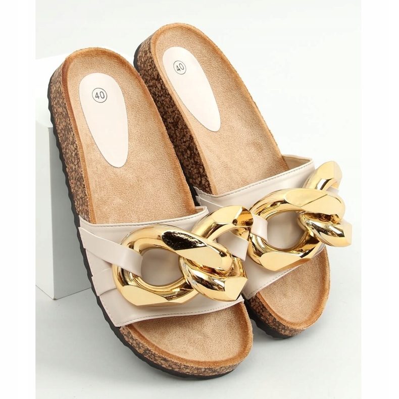 Beige Slippers with a thick chain CK201 Beige 1