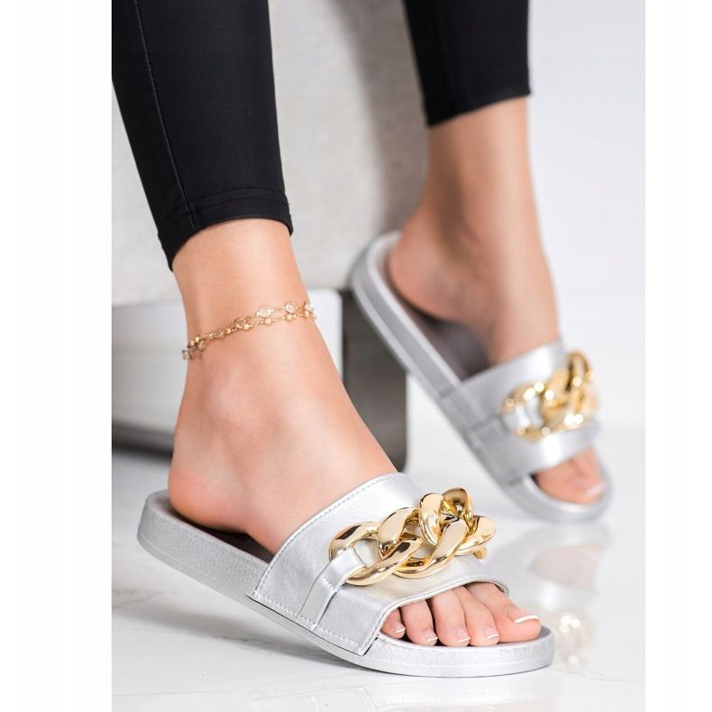 SHELOVET Silver Slippers With Ornament 2