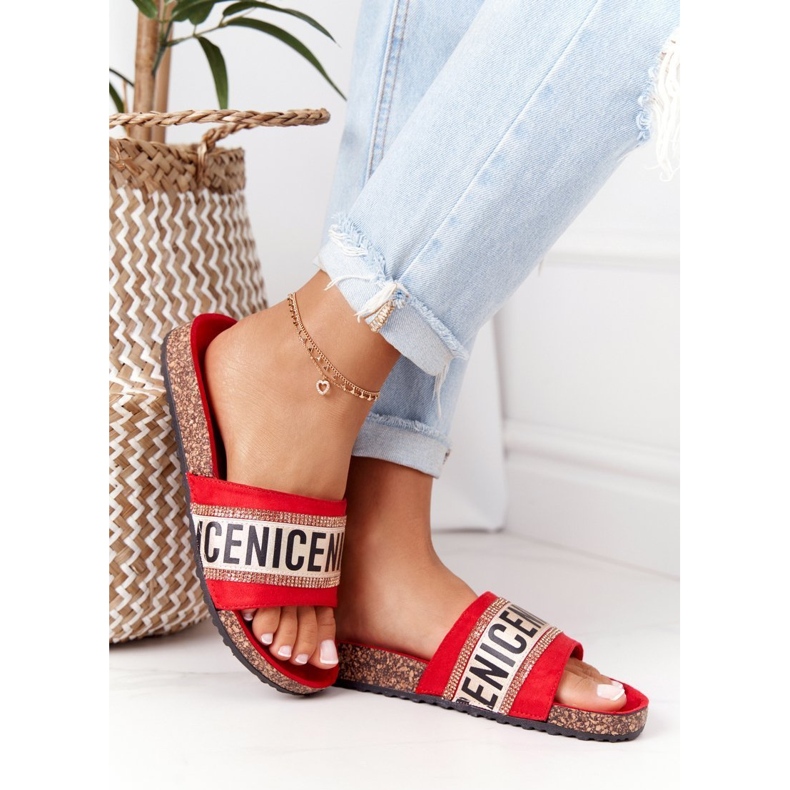 Red Flip Flops On Cork With Cubic Zirconia Be Nice 2