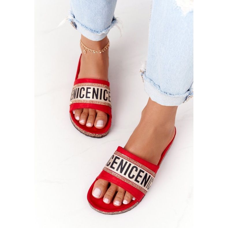 Red Flip Flops On Cork With Cubic Zirconia Be Nice 1