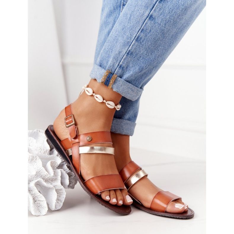 PE1 Women's flat sandals, brown and gold Doris golden 2