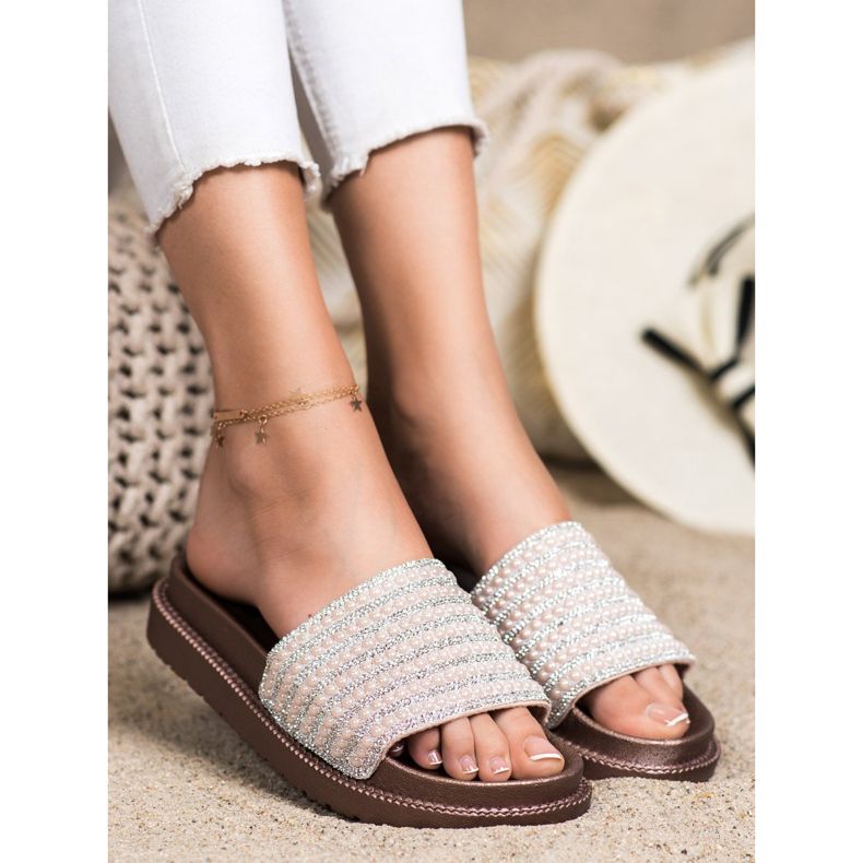 SHELOVET Slippers On The Platform With Cubic Zirconia beige golden 1