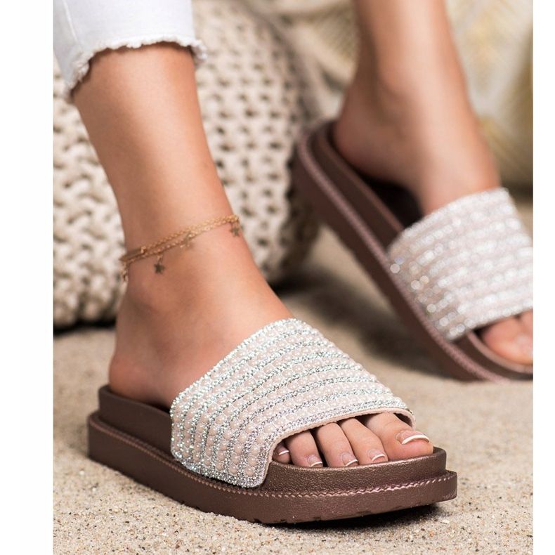 SHELOVET Slippers On The Platform With Cubic Zirconia beige golden 2