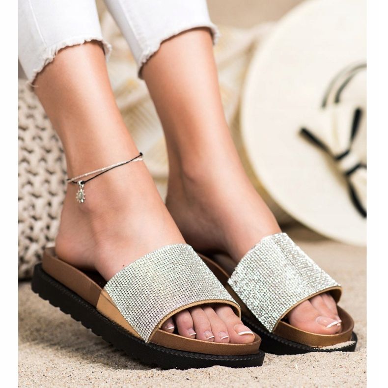 Kayla Comfortable Slippers With Cubic Zirconia beige golden 2