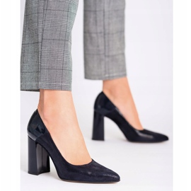 Marco Shoes Navy blue pumps made of polished chamois leather with a varnished heel 4