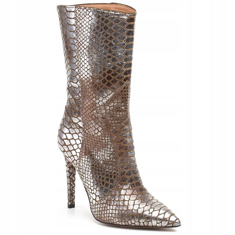 Marco Shoes Metallic women's boots on a stiletto with an animal motif beige silver 1