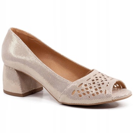 Marco Shoes Beige and gold pumps in suede with perforation golden 1