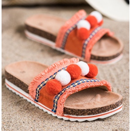 SHELOVET Fashionable slippers with pompoms orange 1