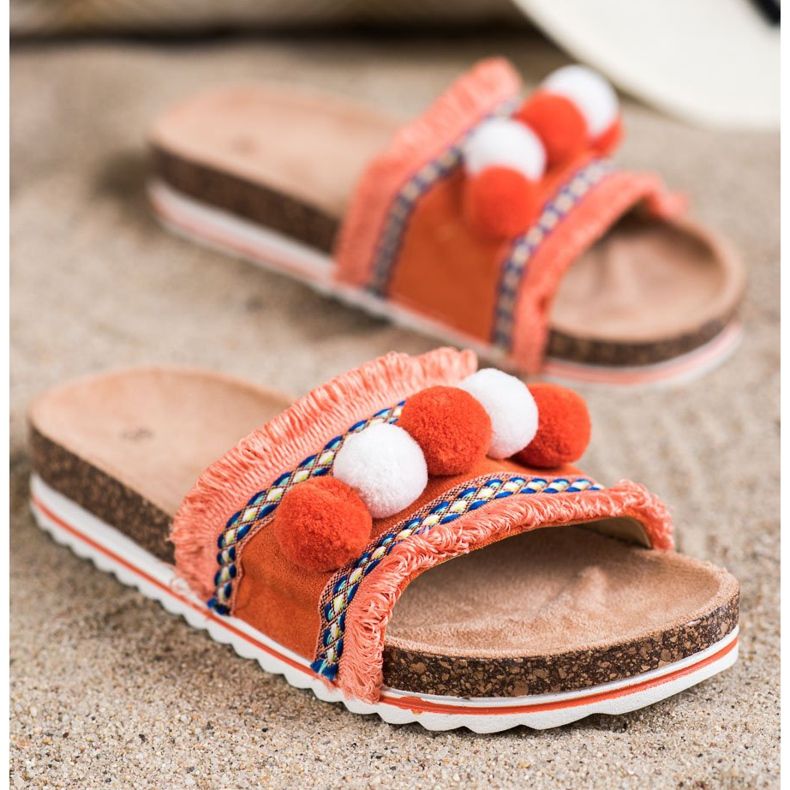 SHELOVET Fashionable slippers with pompoms orange 1