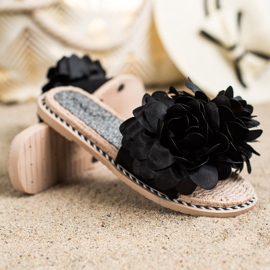 SHELOVET Black Slippers With Flower 1