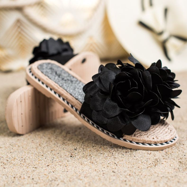 SHELOVET Black Slippers With Flower 1 SHELOVET Black Slippers With Flower 1