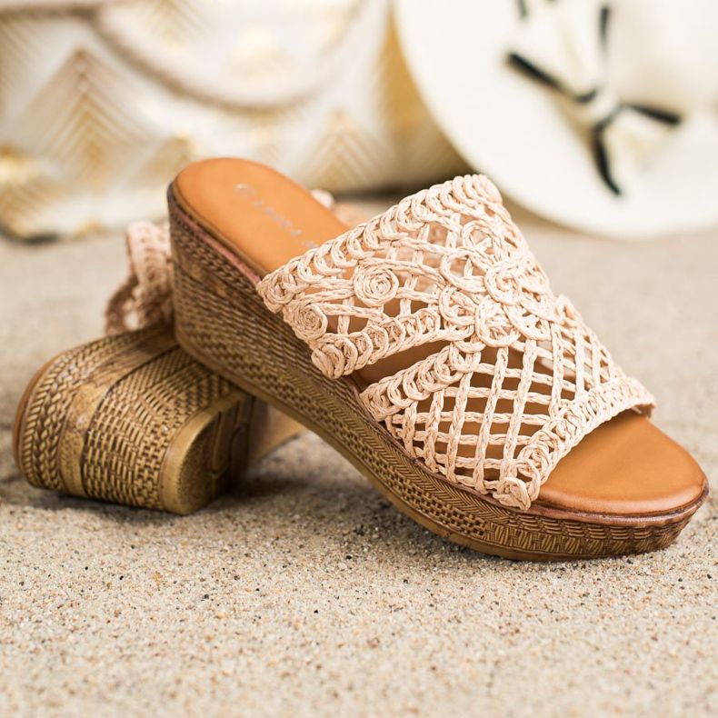 Laura Mode Openwork Wedge Slippers beige brown 1