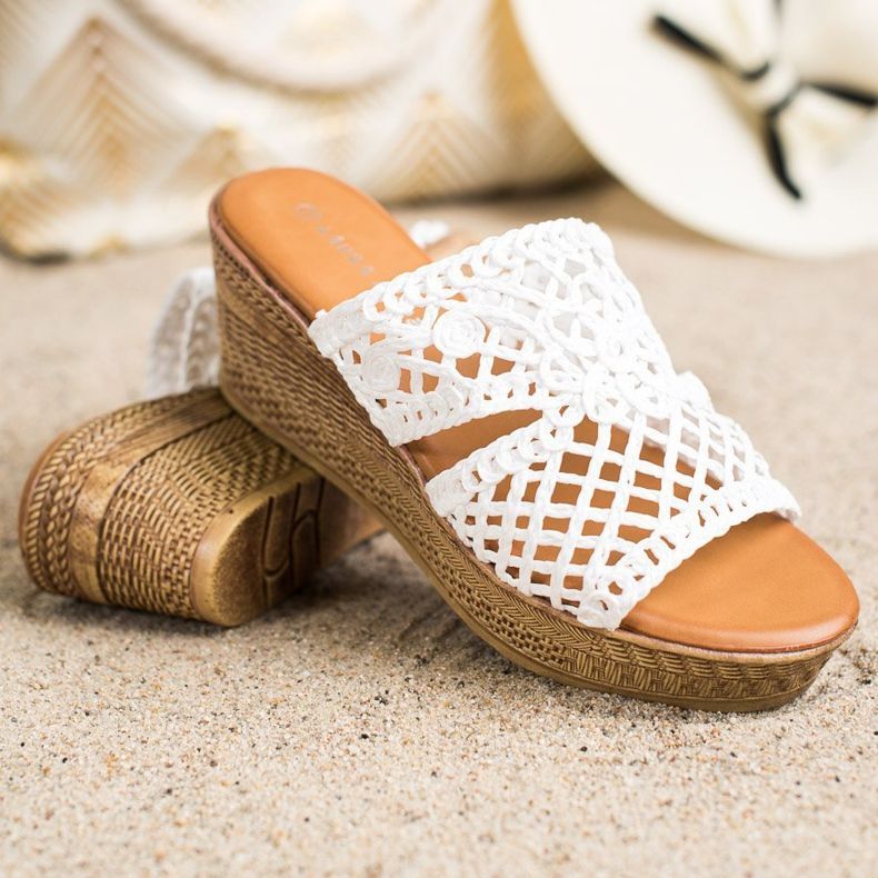 Laura Mode Openwork Wedge Slippers white 1