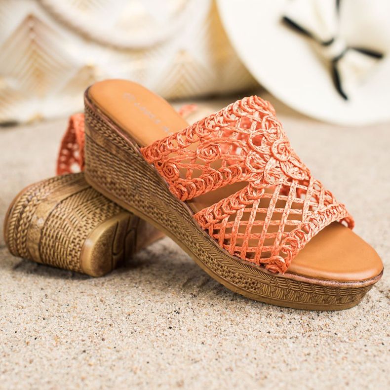 Laura Mode Openwork Wedge Slippers orange 1