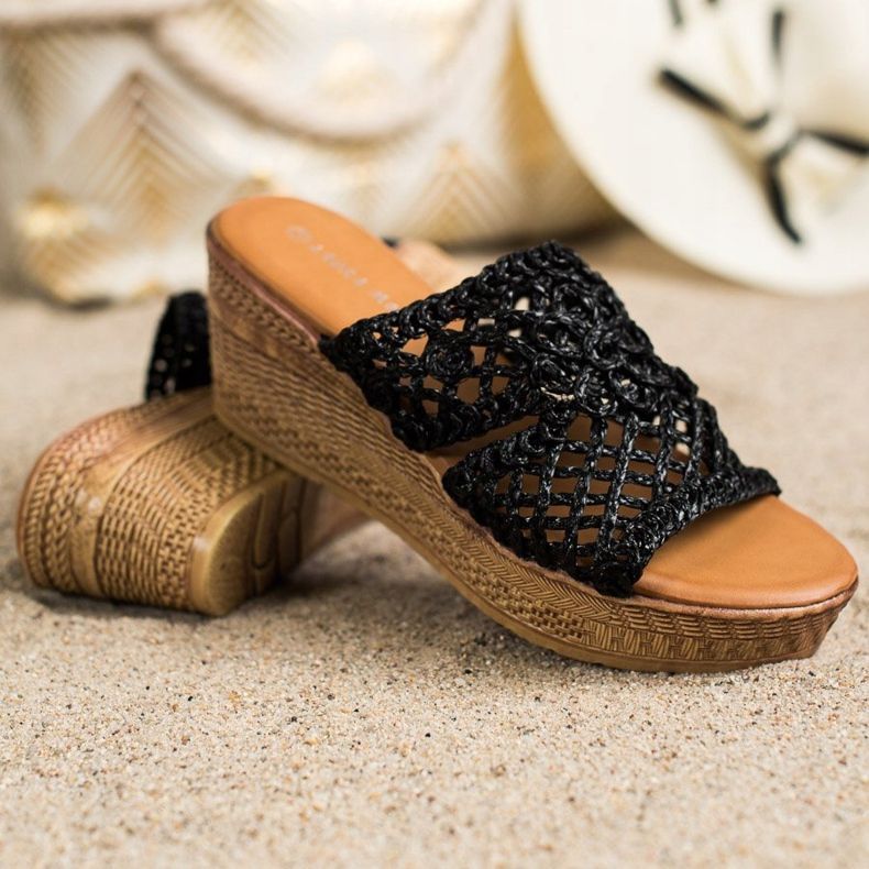 Laura Mode Openwork Wedge Slippers black 1