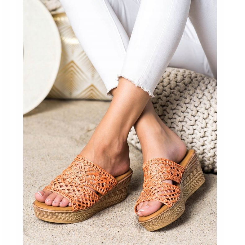 Laura Mode Openwork Wedge Slippers orange 2