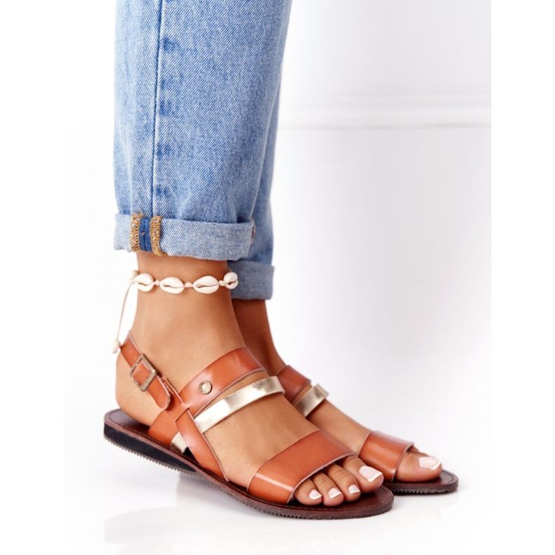 Women's flat sandals, brown and gold Doris golden 1