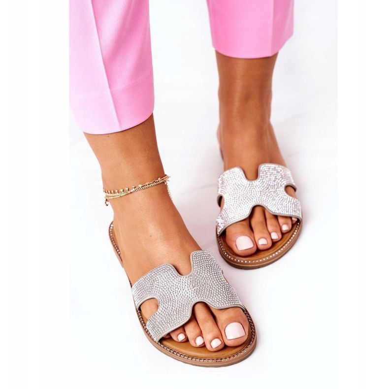 PE1 Leather Slippers With Cubic Zirconia Silver Modena 1