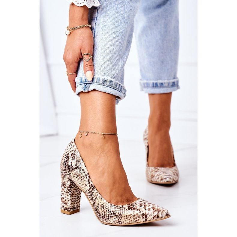 Leather Pumps With Snakeskin Pattern Lewski Shoes 2453 Golden 2