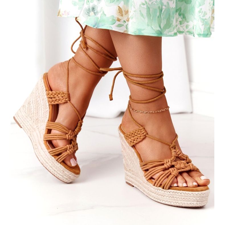 Tied sandals for women's wedge with a Camel braid brown 3