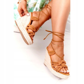Tied sandals for women's wedge with a Camel braid brown 4