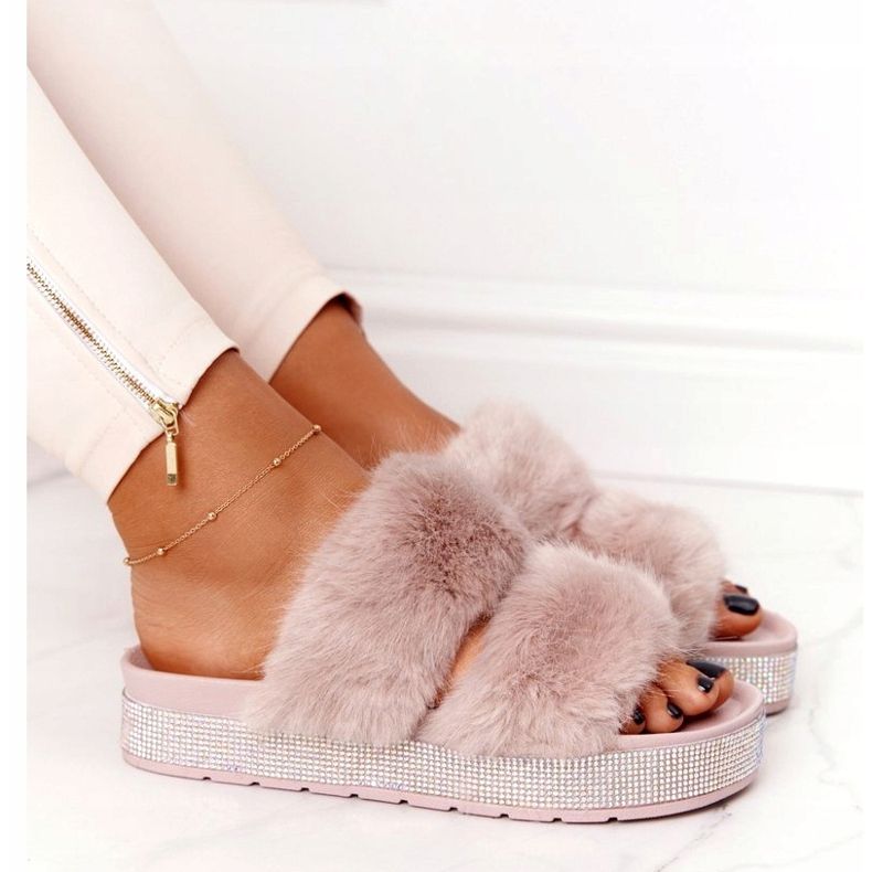 PS1 Beige Slippers On The Platform With Fur And Cubic Zirconia Wow! 4