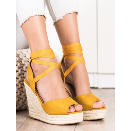 SHELOVET Mustard-colored sandals on a high wedge heel yellow 1 SHELOVET Mustard-colored sandals on a high wedge heel yellow 1