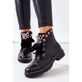 PS1 Warm Boots With Metal Pearls, Rhinestones And Ribbon Black Perla 2