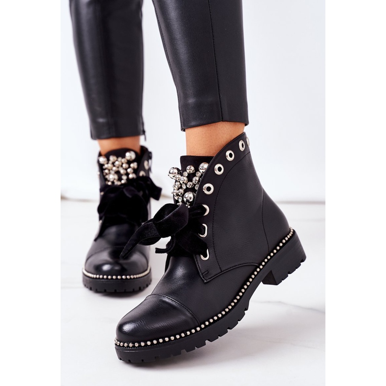 PS1 Warm Boots With Metal Pearls, Rhinestones And Ribbon Black Perla 2